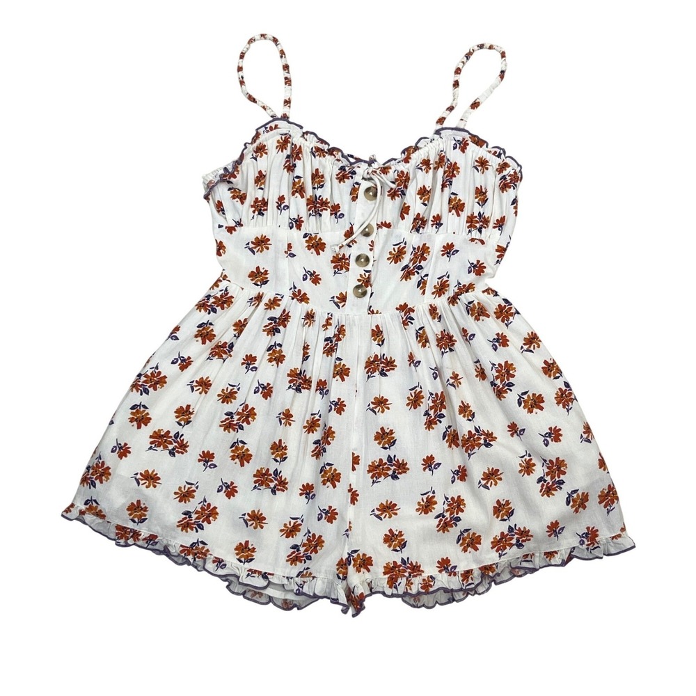 Urban Outfitters Floral Romper Womens Medium White Orange Excellent Linen Blend - Picture 4 of 16
